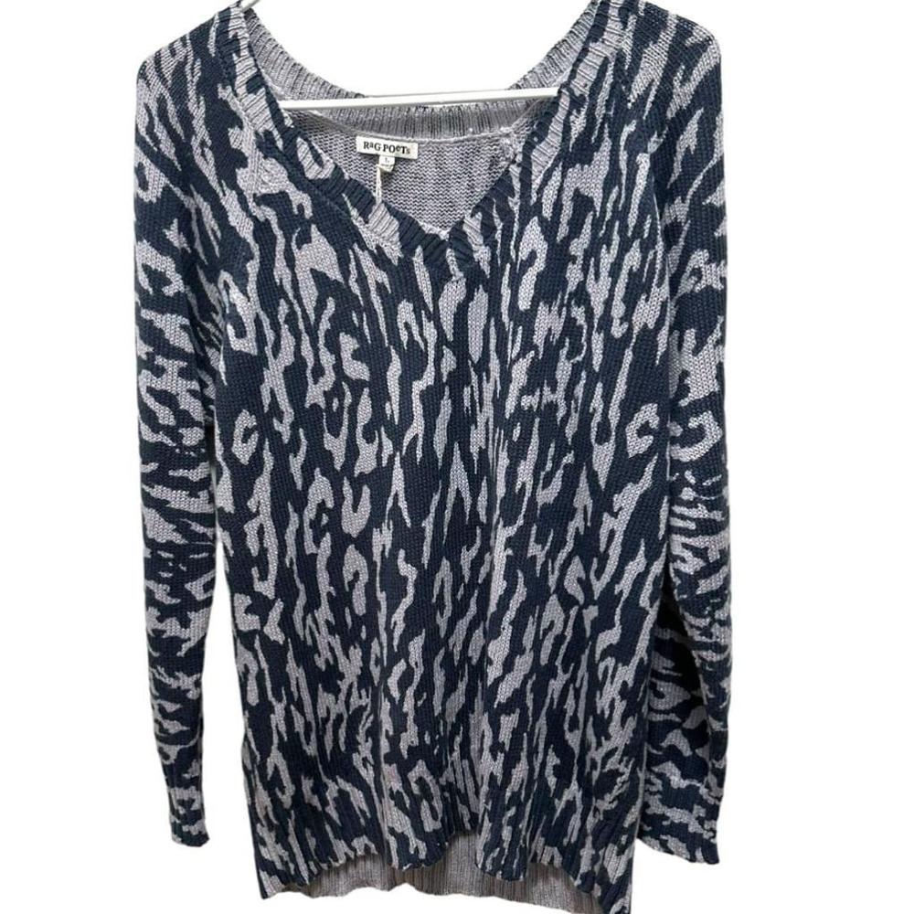 Z SUPPLY Rag Poets Women's Blue & Grey Animal Print Sweater Cozy Knit Top